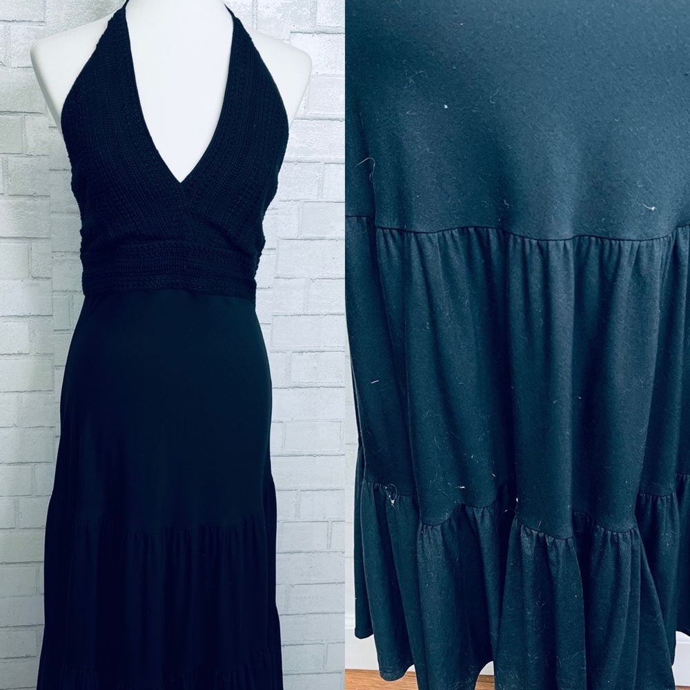 Lauren Ralph Lauren hand knit crochet halter dress tiered ruffle black M minimal